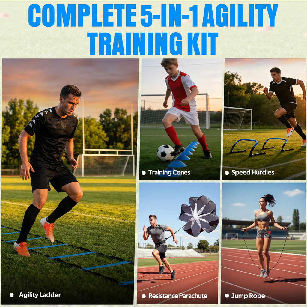 Agility Ladder, Soccer Football Training Equipment Set - 20ft Speed Ladder, 4 Hurdles,Parachute, 12 Cones & Jump Rope | Agility & Speed Training for Kids Youth Adults,Basketball & Football Accessories