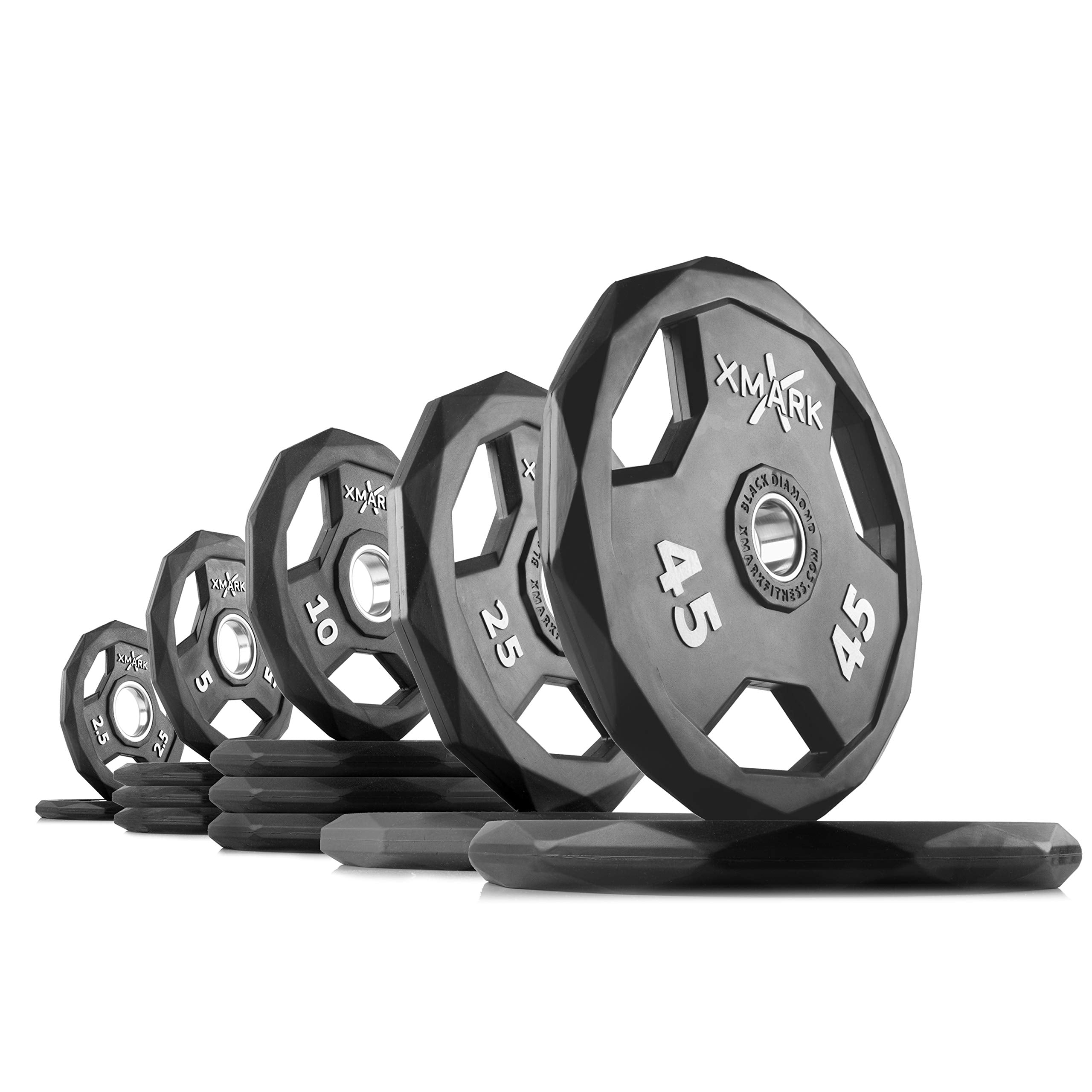 XMARK Black Diamond Olympic Weight Plates 2-Inch, Rubber Barbell Plates with Tri-Grip Handles for Home Gym Strength Training