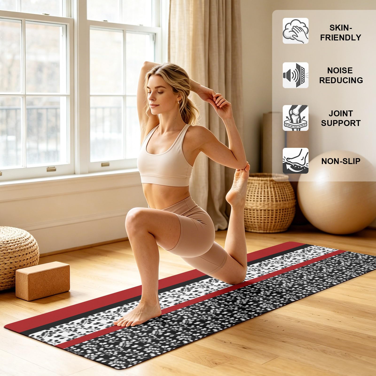 Yoga Mat Large Exercise Mats Farm Flower Classical Stripes Non-Slip Workout Mat with Carrying Strap and Bag Watercolor Stitching Pattern Foldable Fitness Mats for Pilates Gym Home Workouts