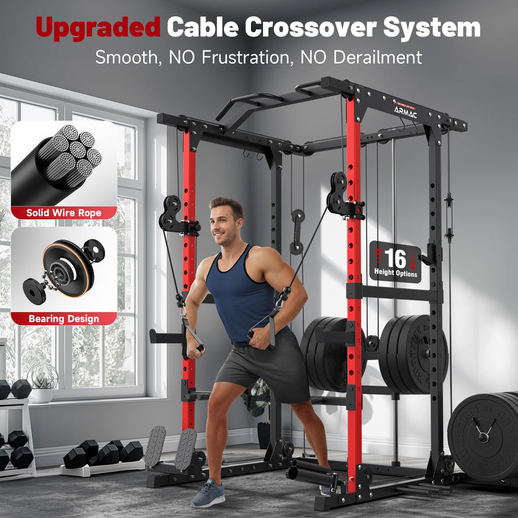 SPORTSROYALS Power Rack, Multi-Functional Power Cage, Squat Rack with Pulley System & LAT Pull Down, Workout Cage with J Hooks for Home Gym