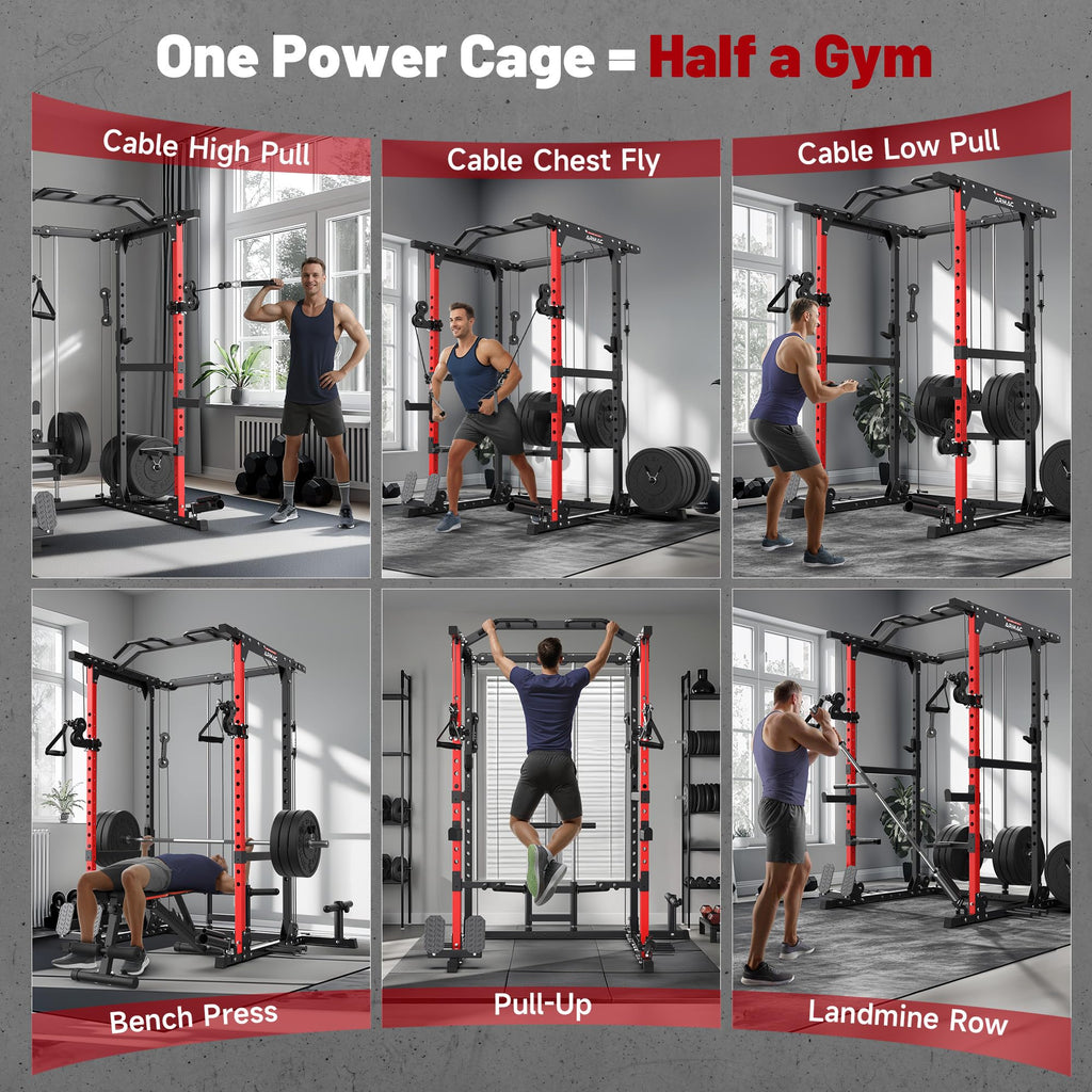 SPORTSROYALS Power Rack, Multi-Functional Power Cage, Squat Rack with Pulley System & LAT Pull Down, Workout Cage with J Hooks for Home Gym