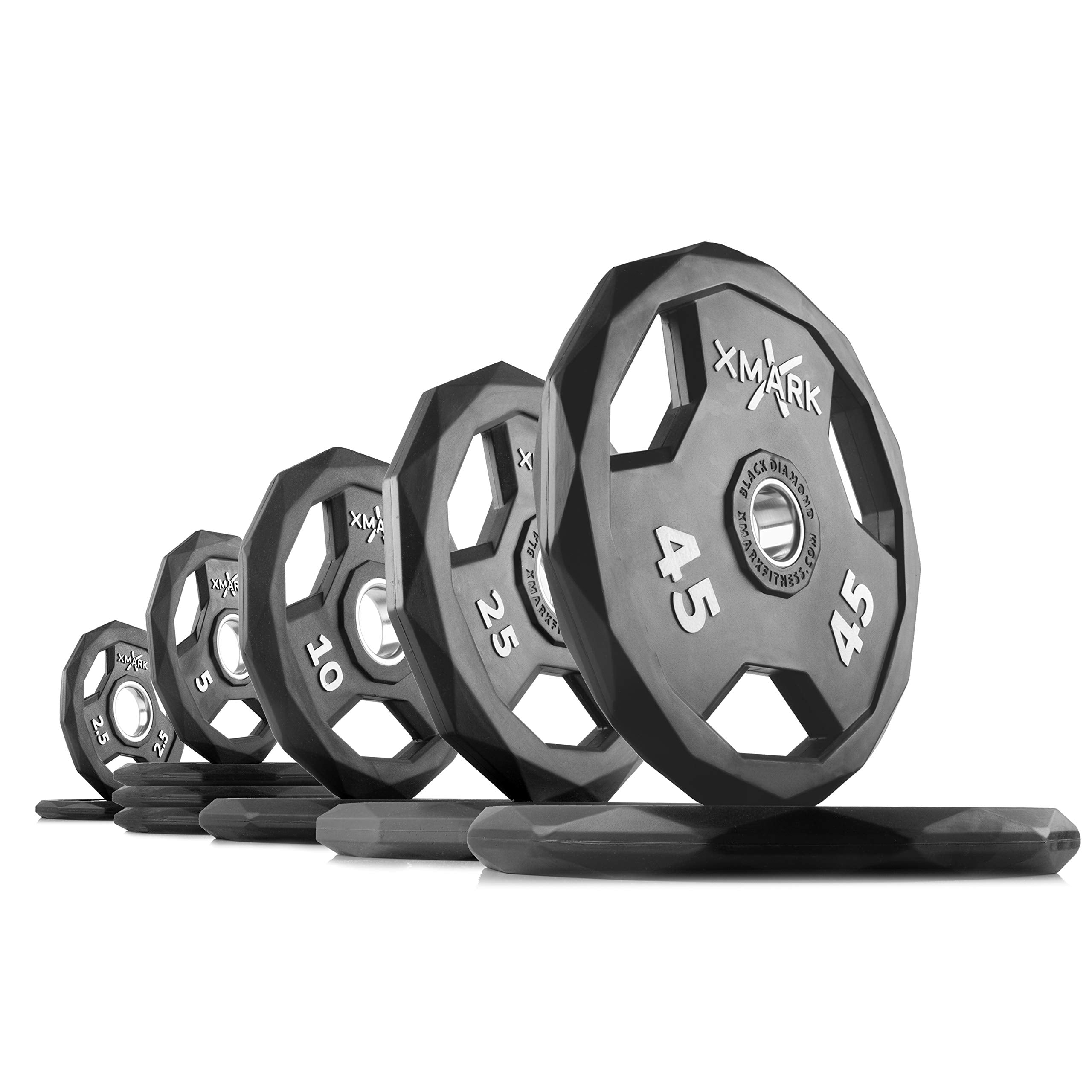 XMARK Black Diamond Olympic Weight Plates 2-Inch, Rubber Barbell Plates with Tri-Grip Handles for Home Gym Strength Training