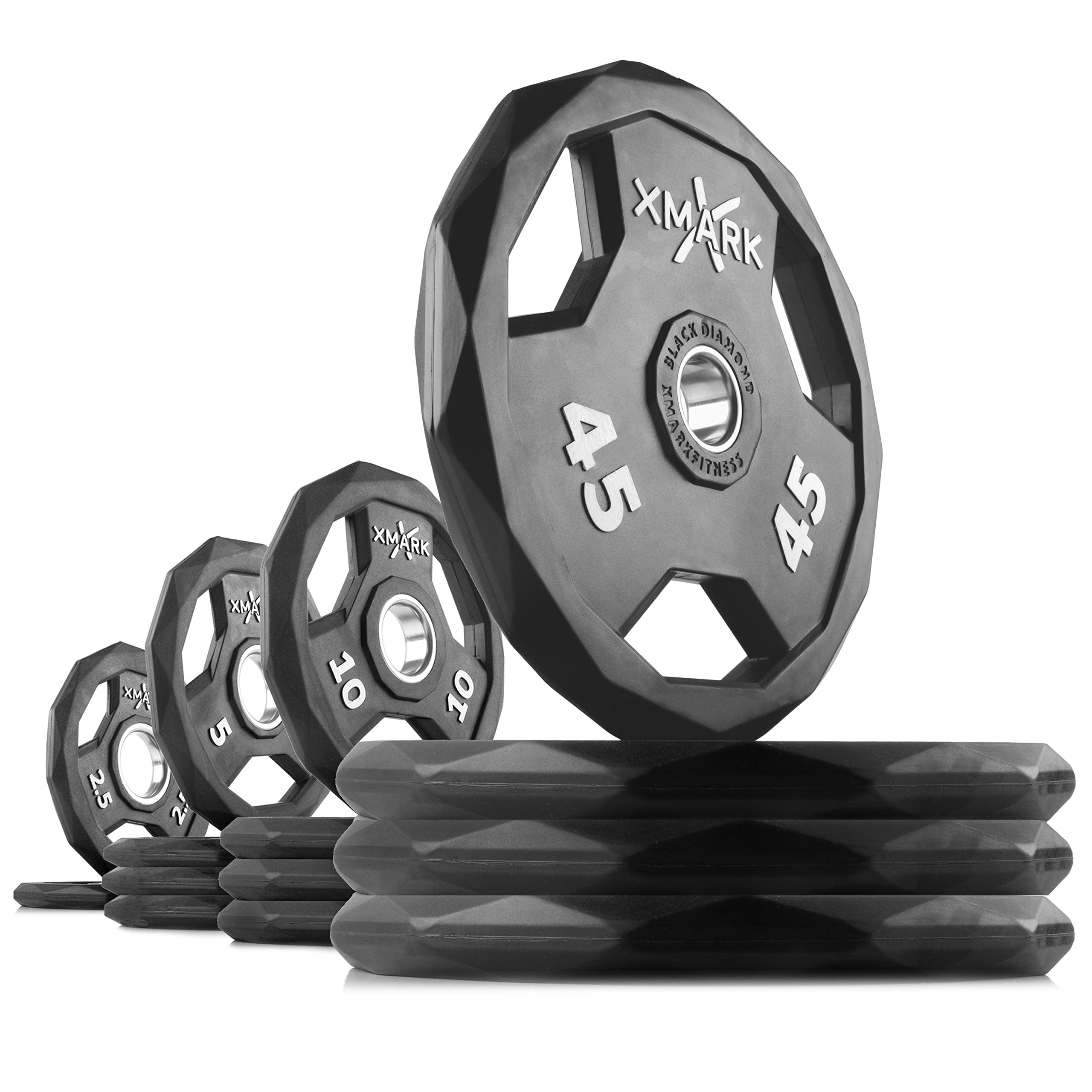 XMARK Black Diamond Olympic Weight Plates 2-Inch, Rubber Barbell Plates with Tri-Grip Handles for Home Gym Strength Training