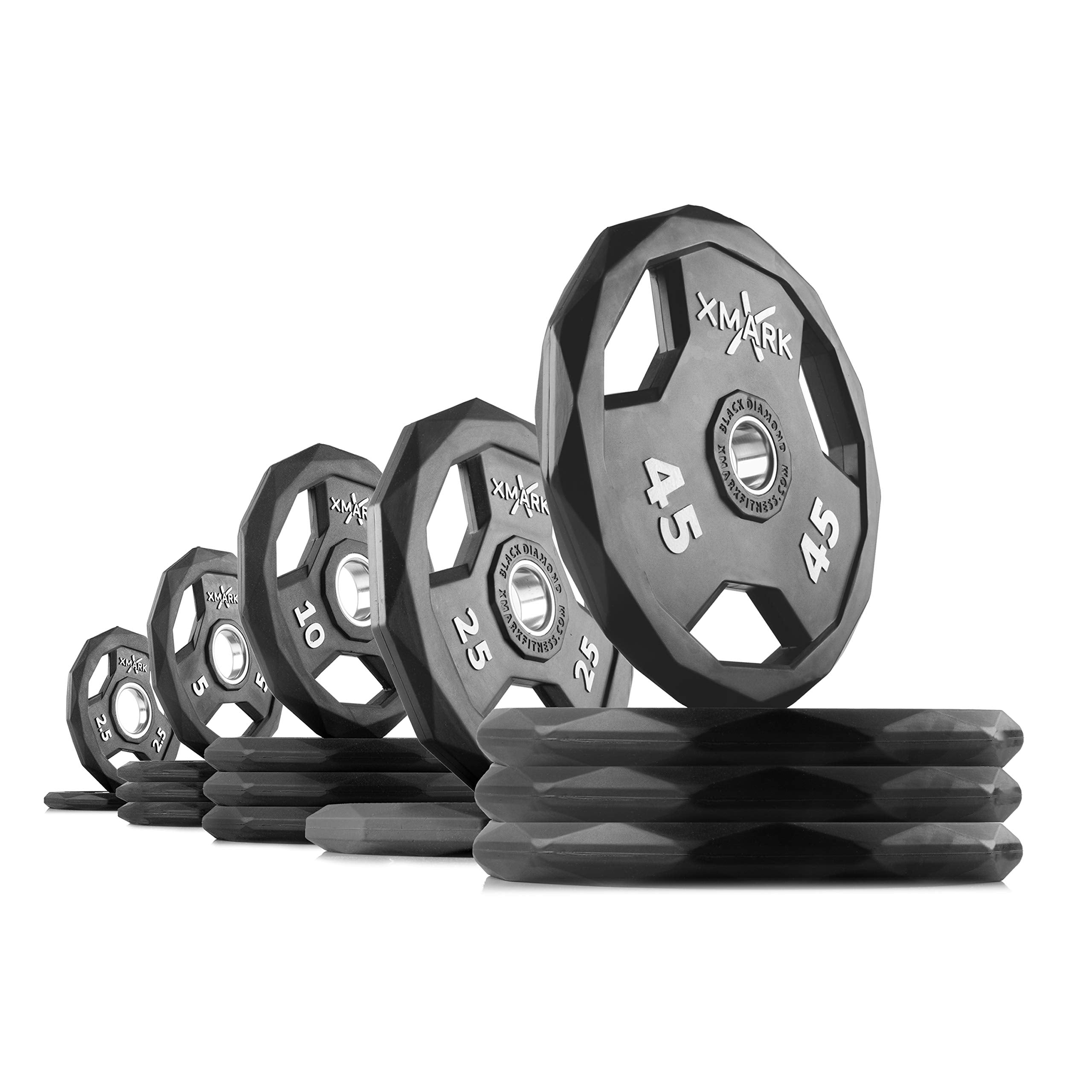 XMARK Black Diamond Olympic Weight Plates 2-Inch, Rubber Barbell Plates with Tri-Grip Handles for Home Gym Strength Training