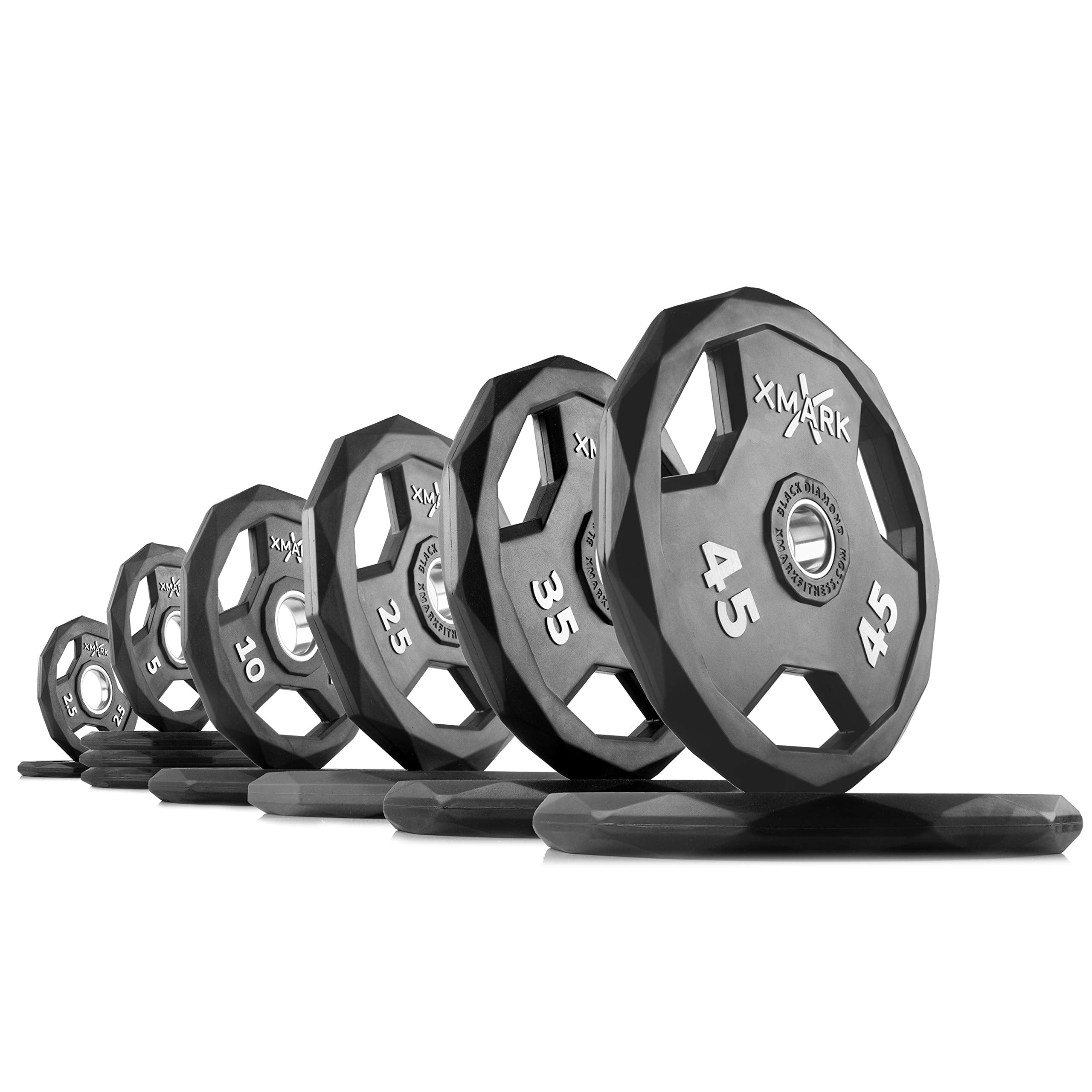 XMARK Black Diamond Olympic Weight Plates 2-Inch, Rubber Barbell Plates with Tri-Grip Handles for Home Gym Strength Training