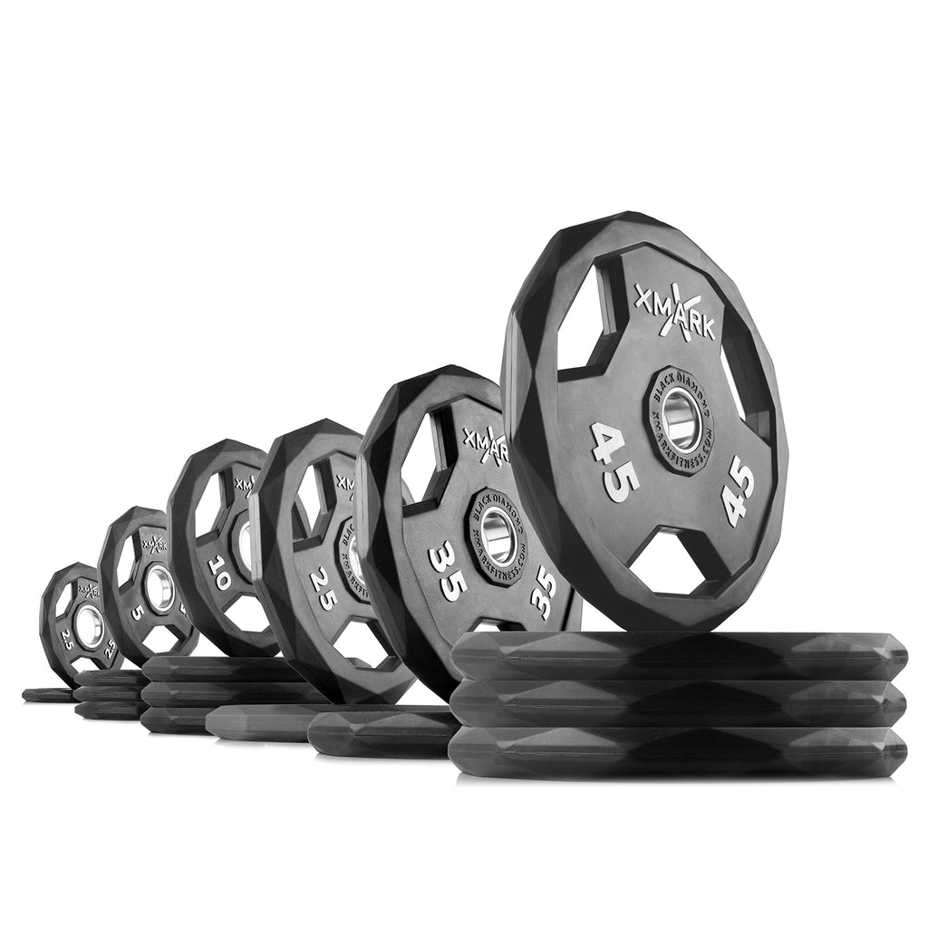 XMARK Black Diamond Olympic Weight Plates 2-Inch, Rubber Barbell Plates with Tri-Grip Handles for Home Gym Strength Training