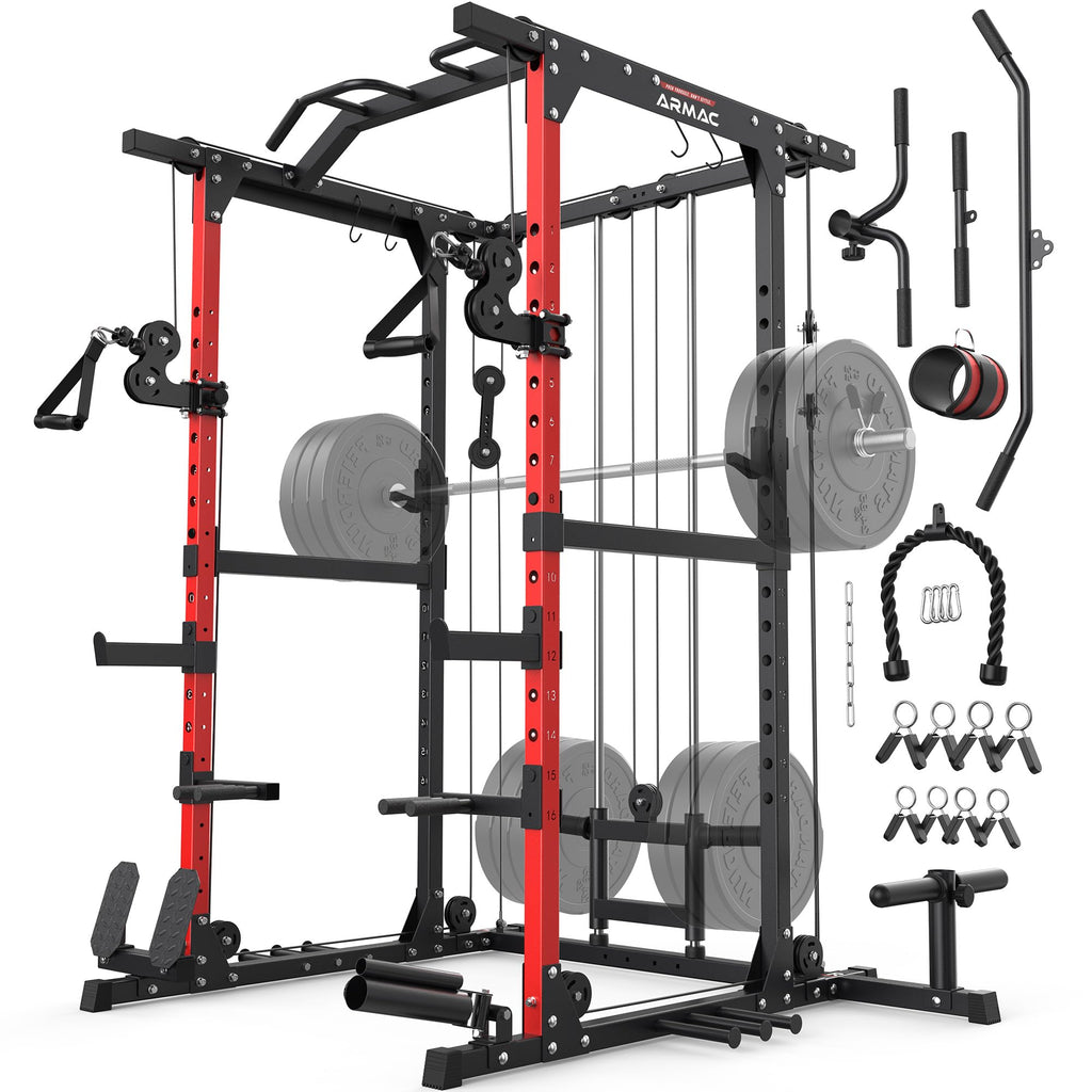 SPORTSROYALS Power Rack, Multi-Functional Power Cage, Squat Rack with Pulley System & LAT Pull Down, Workout Cage with J Hooks for Home Gym