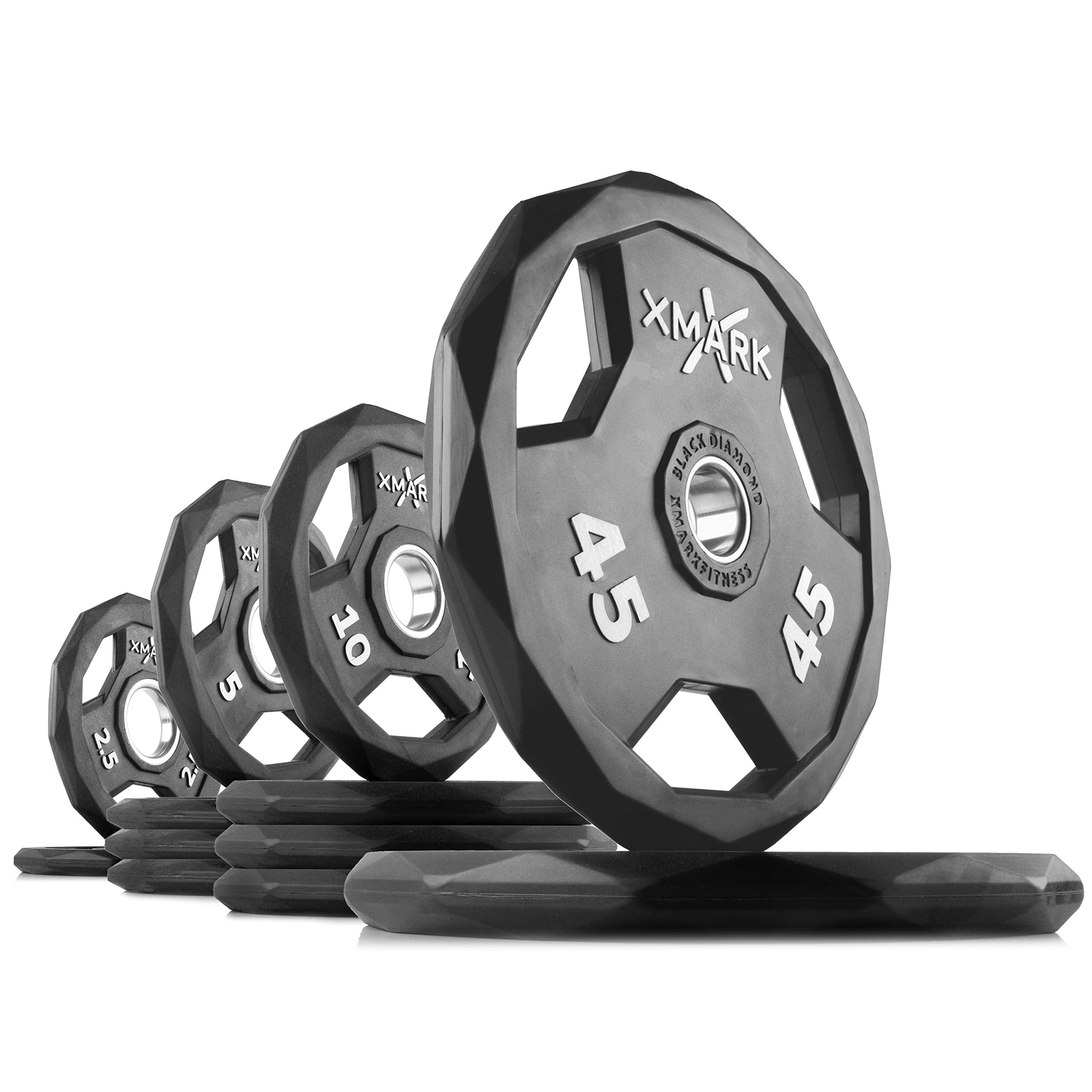 XMARK Black Diamond Olympic Weight Plates 2-Inch, Rubber Barbell Plates with Tri-Grip Handles for Home Gym Strength Training