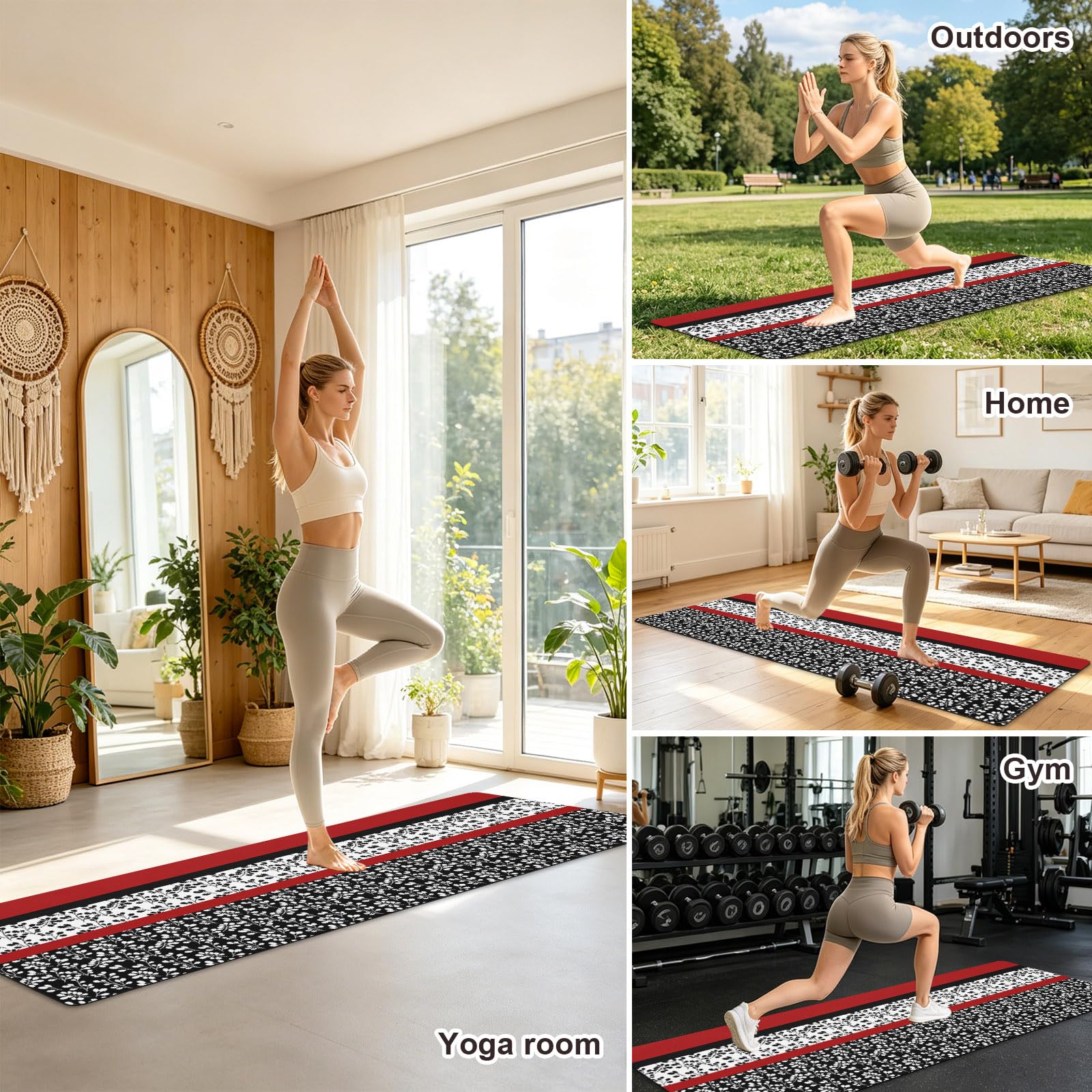 Yoga Mat Large Exercise Mats Farm Flower Classical Stripes Non-Slip Workout Mat with Carrying Strap and Bag Watercolor Stitching Pattern Foldable Fitness Mats for Pilates Gym Home Workouts