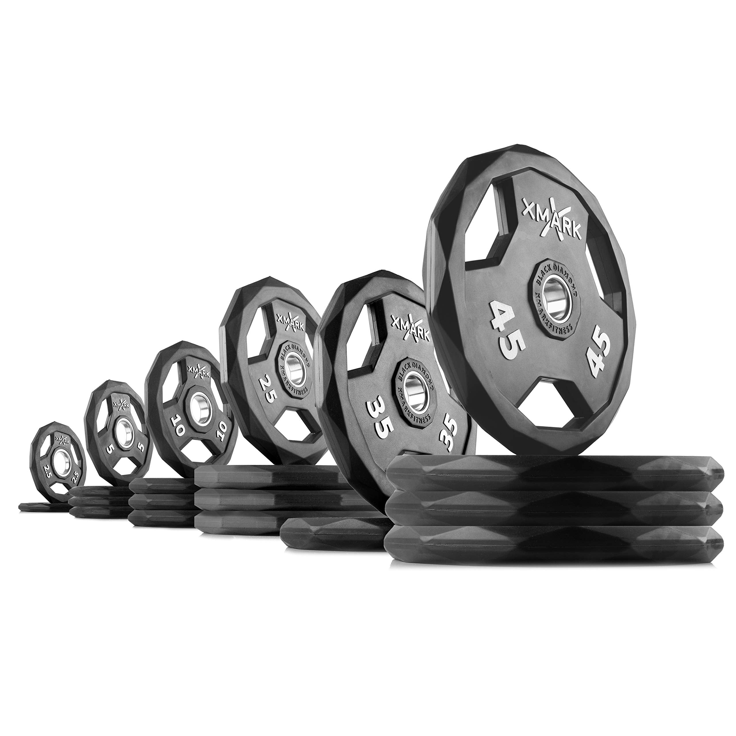 XMARK Black Diamond Olympic Weight Plates 2-Inch, Rubber Barbell Plates with Tri-Grip Handles for Home Gym Strength Training