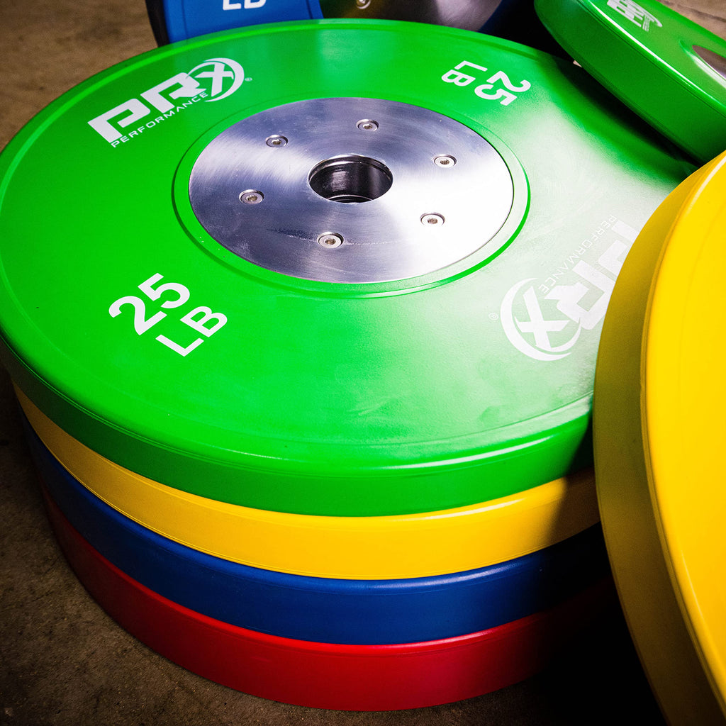 PRx Performance Color Elite Bumper Plate Pairs, Steel Center Insert with 2" Sleeve Hole, Minimal Bounce