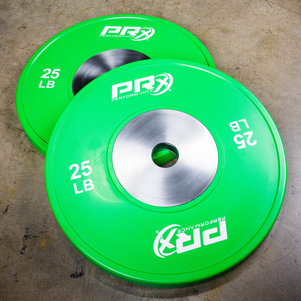 PRx Performance Color Elite Bumper Plate Pairs, Steel Center Insert with 2" Sleeve Hole, Minimal Bounce